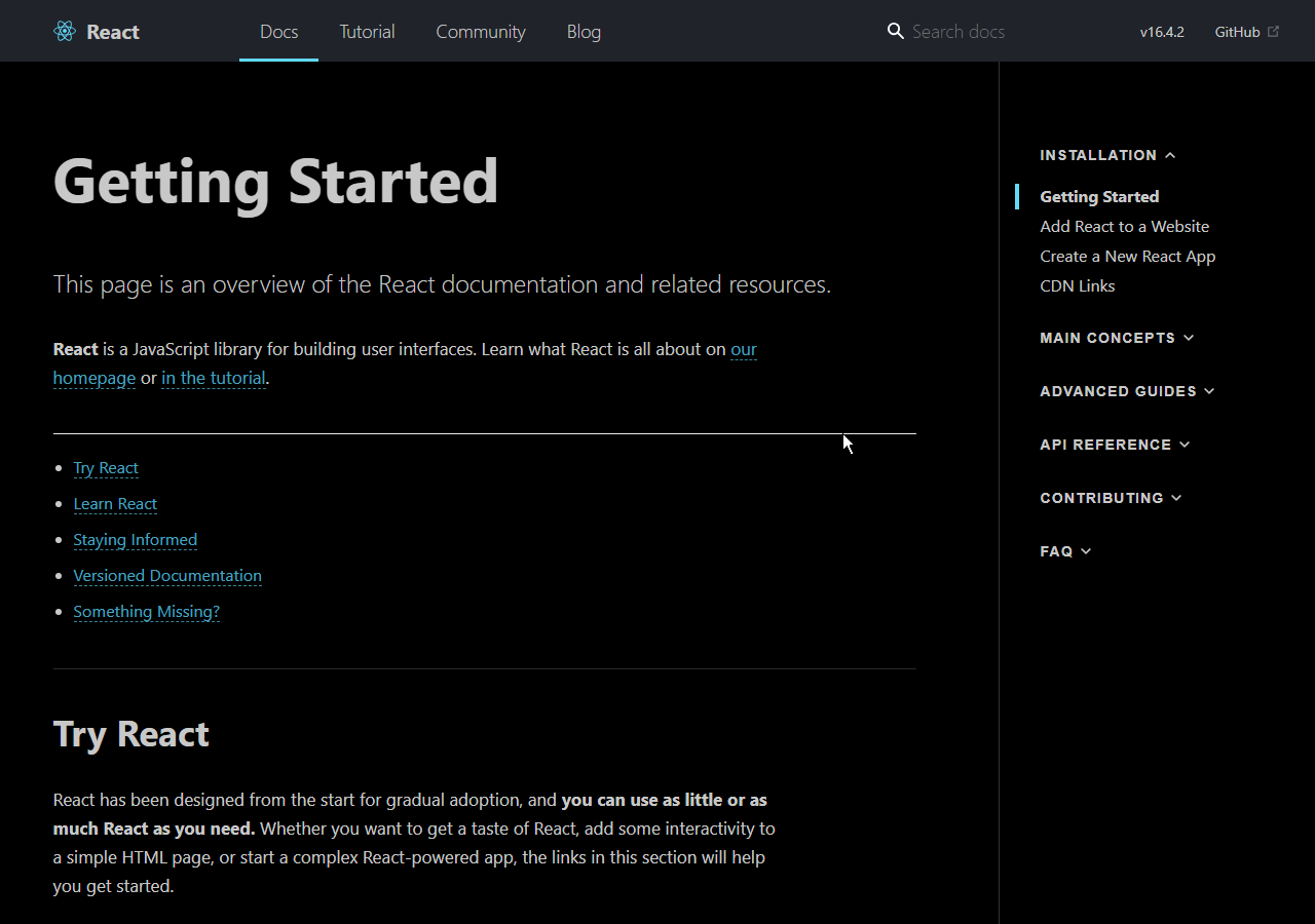 React docs dark
