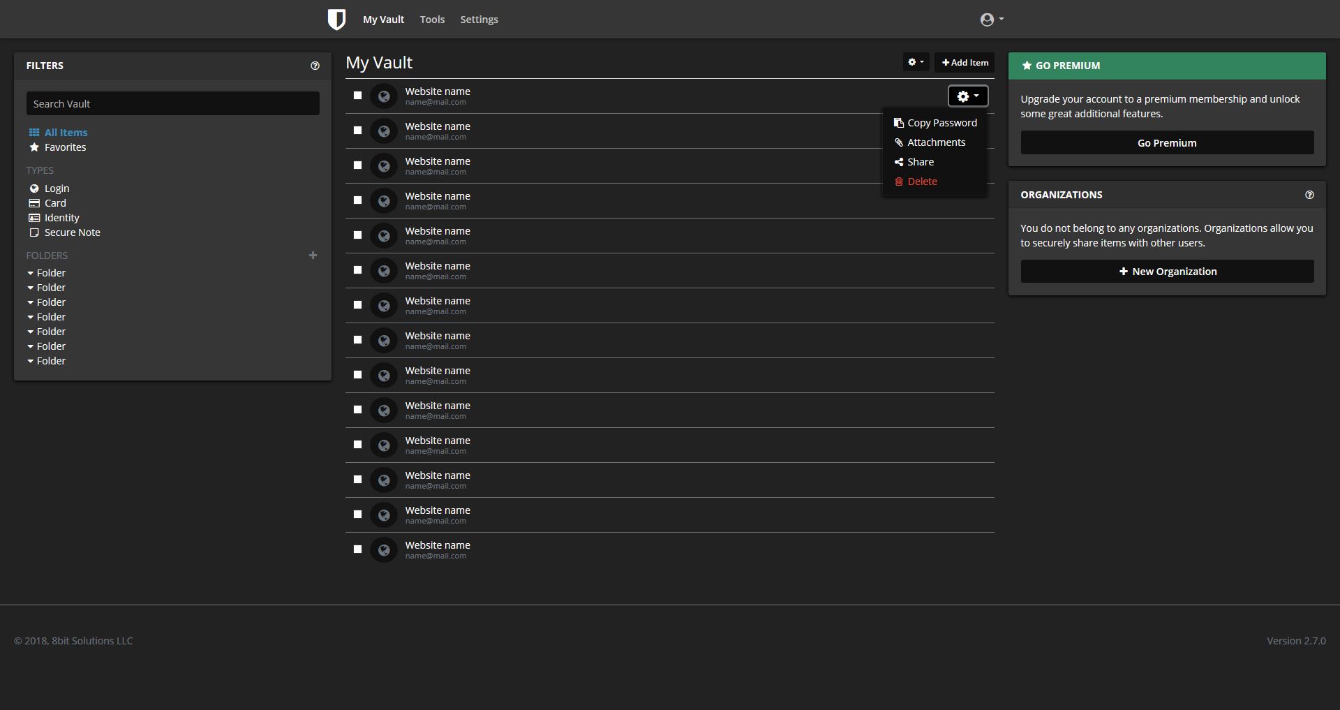 Bitwarden Vault Dark + Full Width