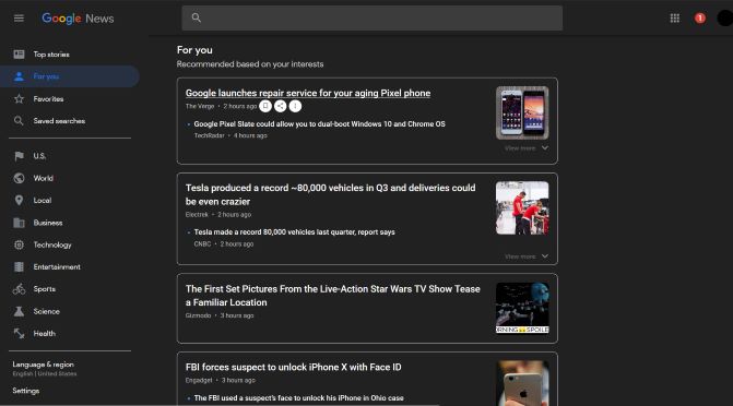 Google News Dark Theme