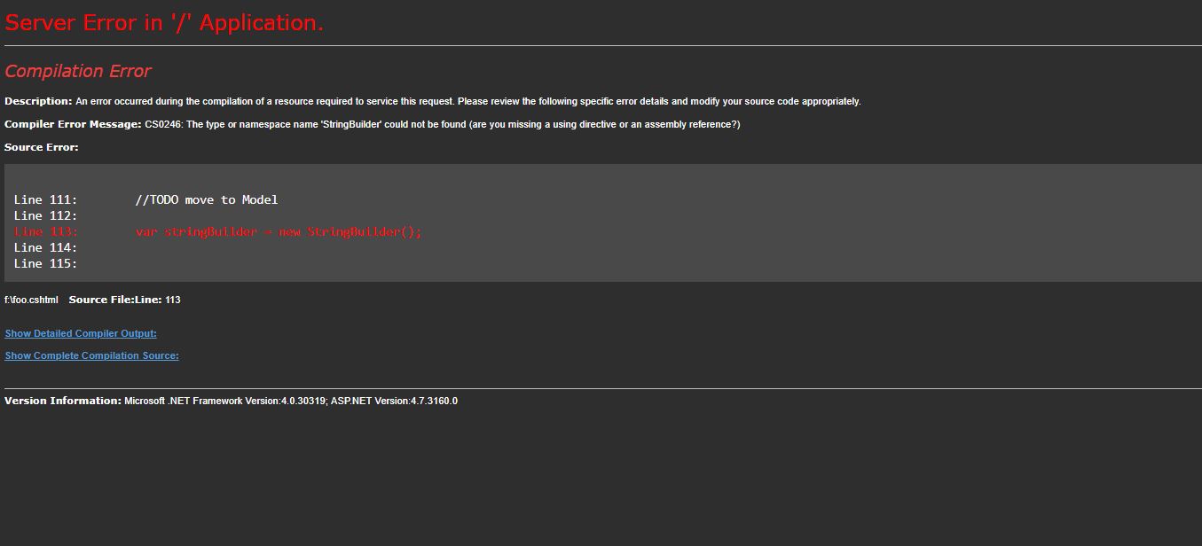 ASP.NET Error Page Dark Theme