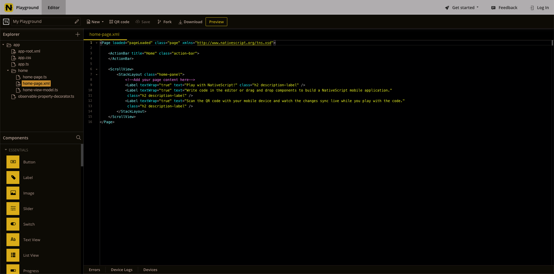 NativeScript Playground Dark