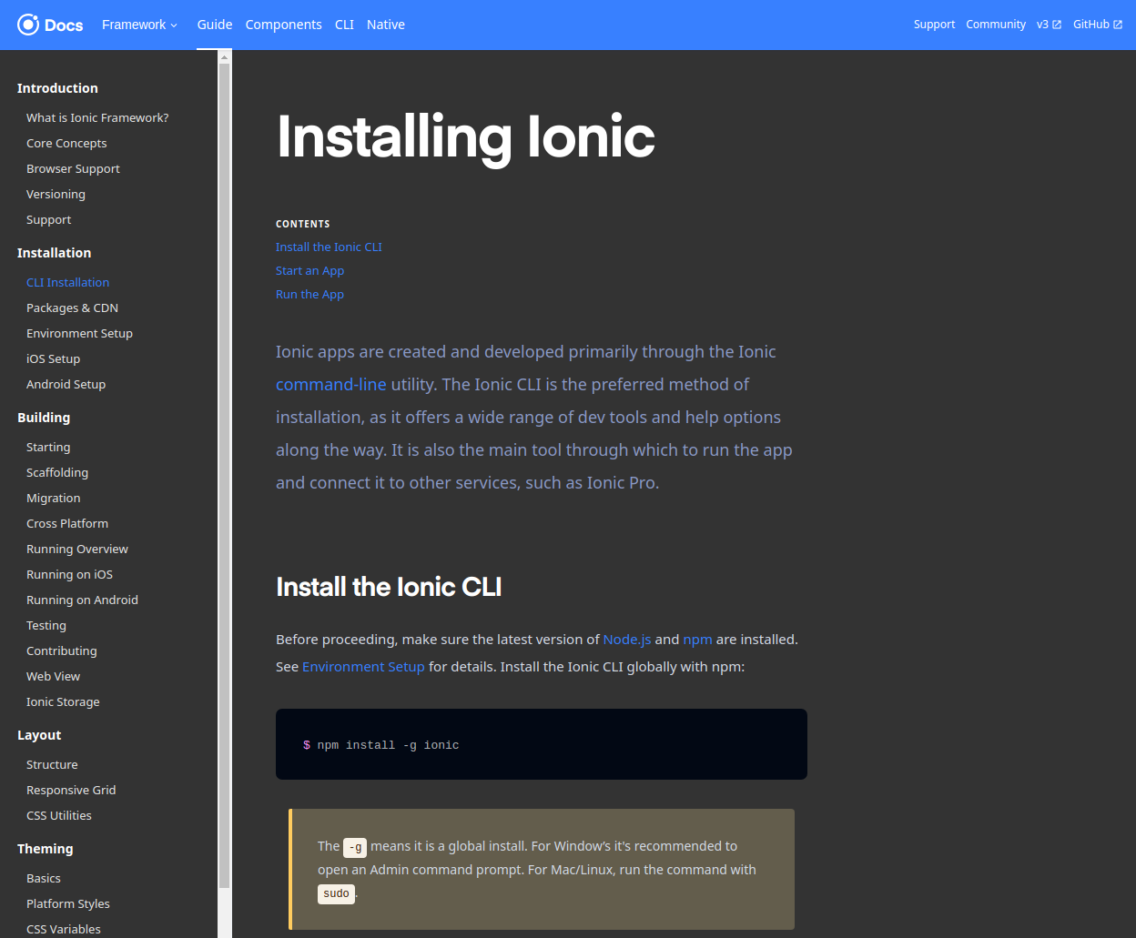 Ionic (v4) docs dark theme