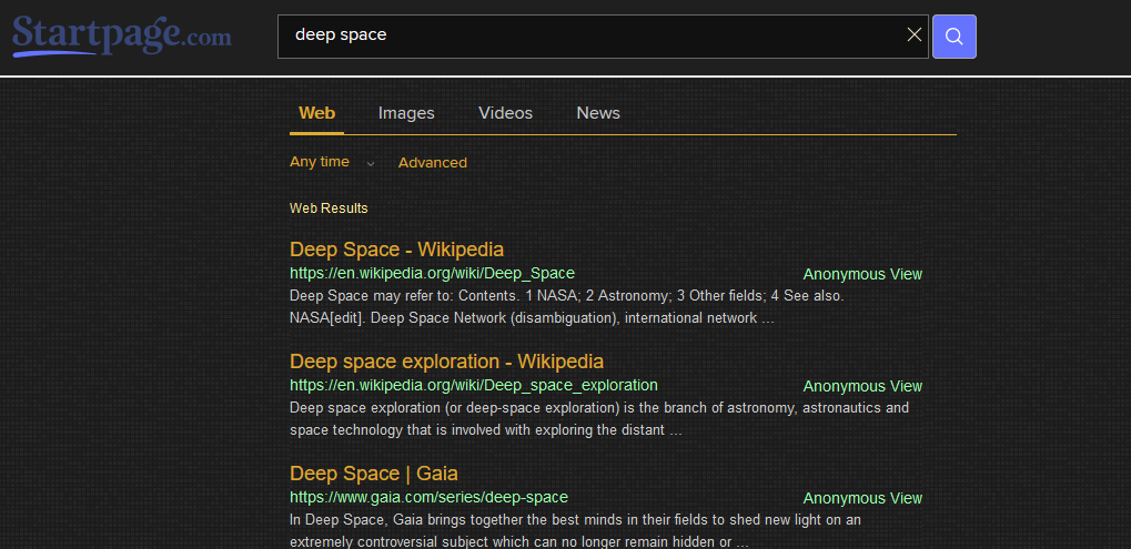 Startpage In Dark