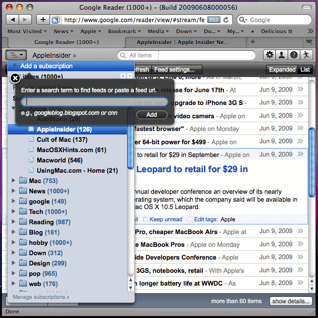 Google Reader: Mac OS X Snow Leopard