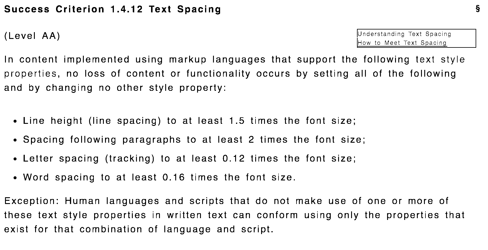 text-spacing for accessibility WCAG 2.1 AA 1.4.12