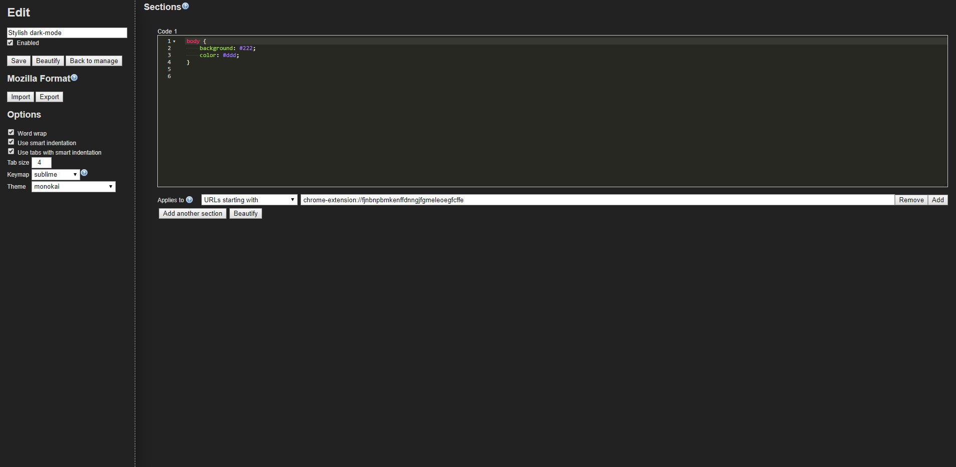 Stylish Extension Dark Theme (monokai editor)