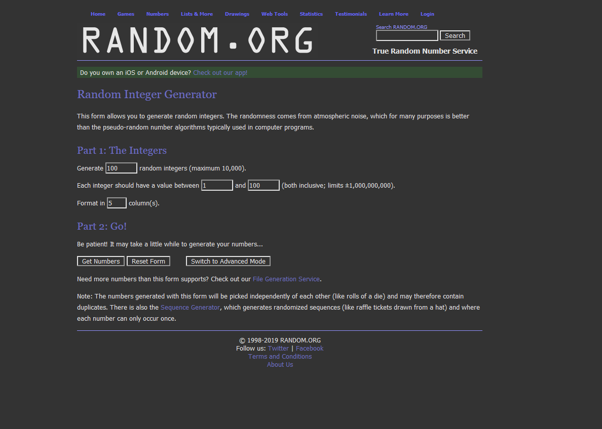 RANDOM.ORG Dark Theme
