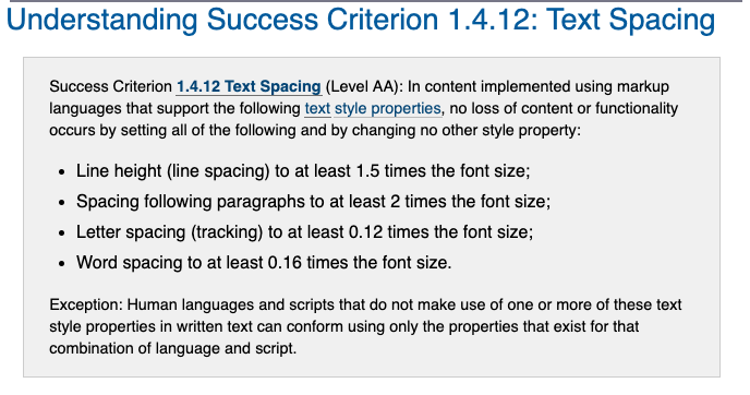 WCAG 2.1 AA Guideline 1.4.12 - Text Spacing