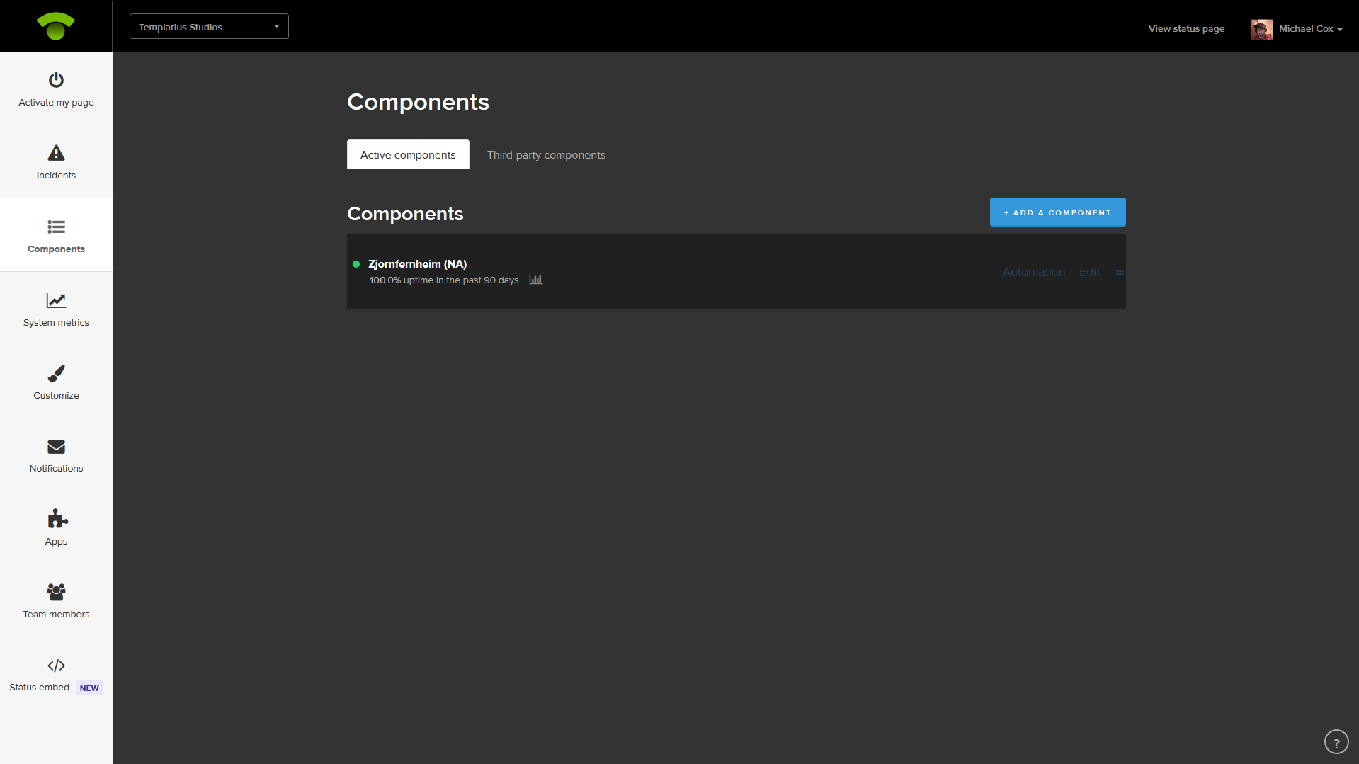 Dark statuspage.io Dashboard
