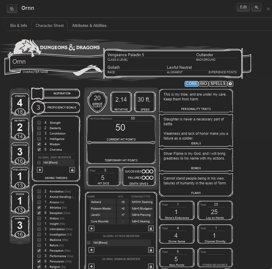 Dark Theme 5E OGL Sheet