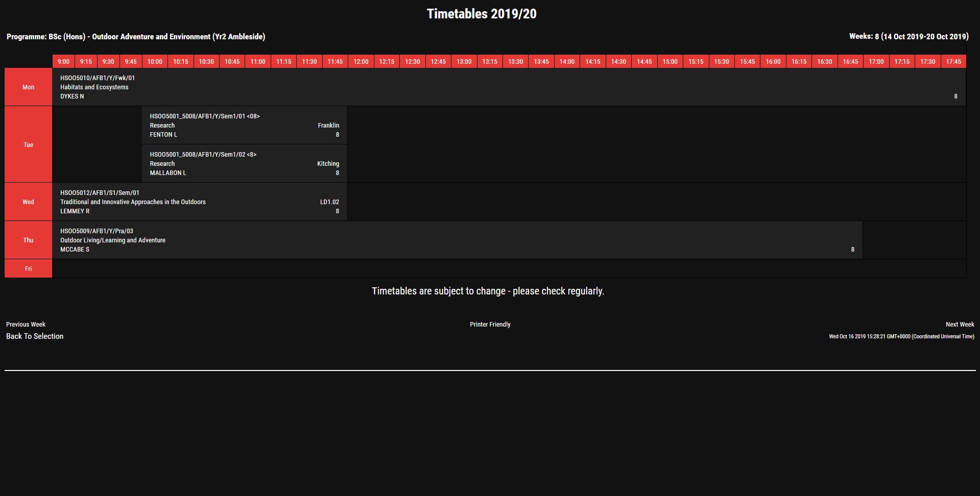 University of Cumbria Timetable Dark Theme