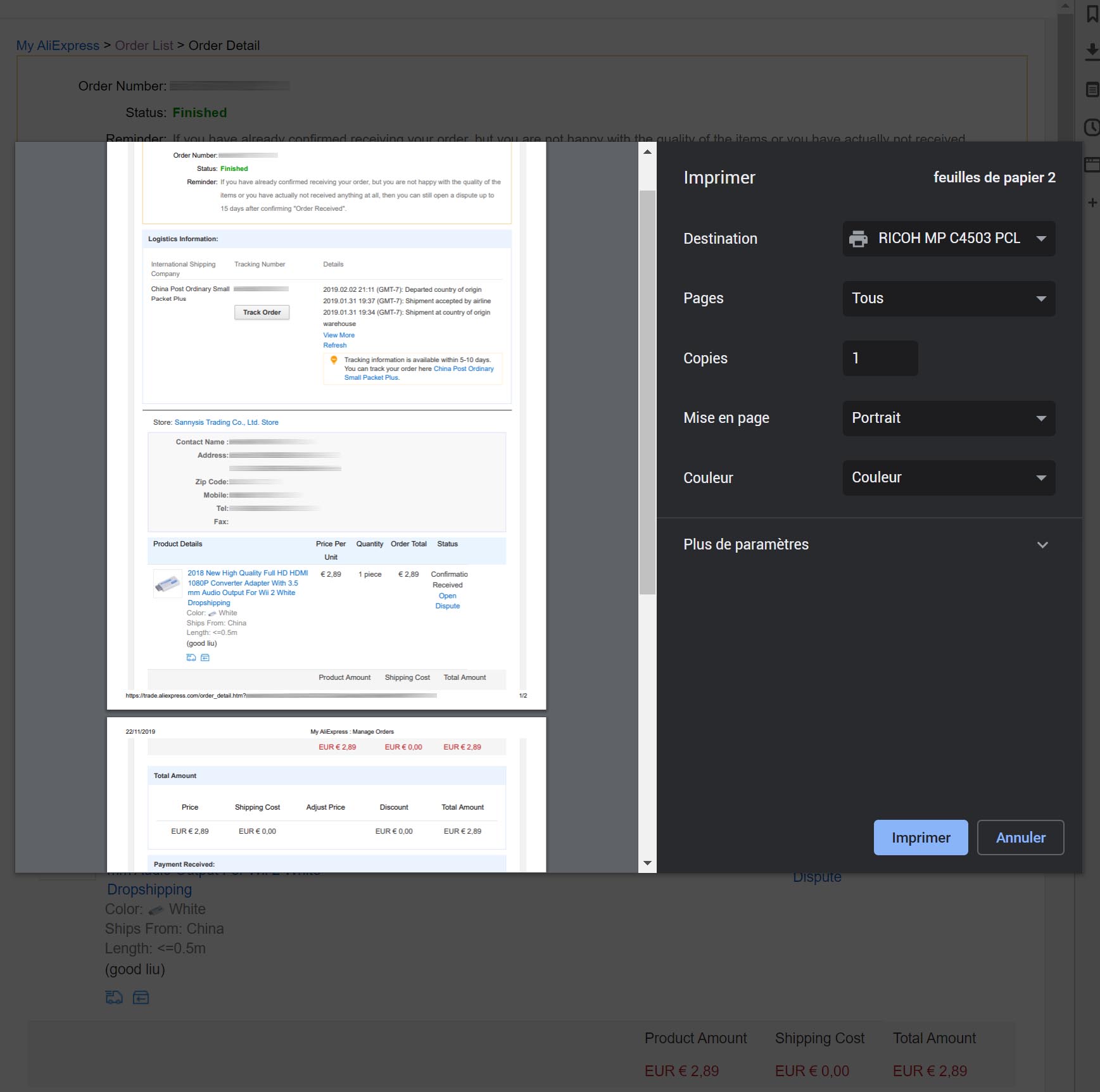 Aliexpress: Printable Order Details