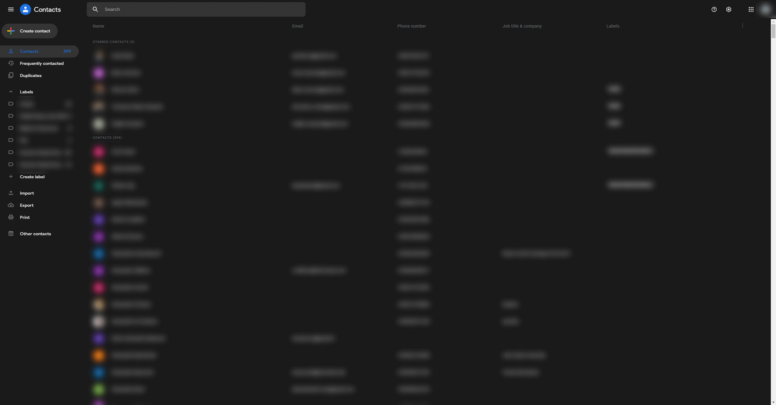Google Contacts Dark Mode (Dec 2019)