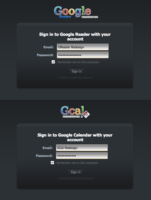 GReader and GCal - Redesigned Login Page