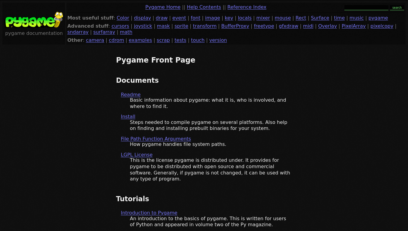 Dark PyGame docs