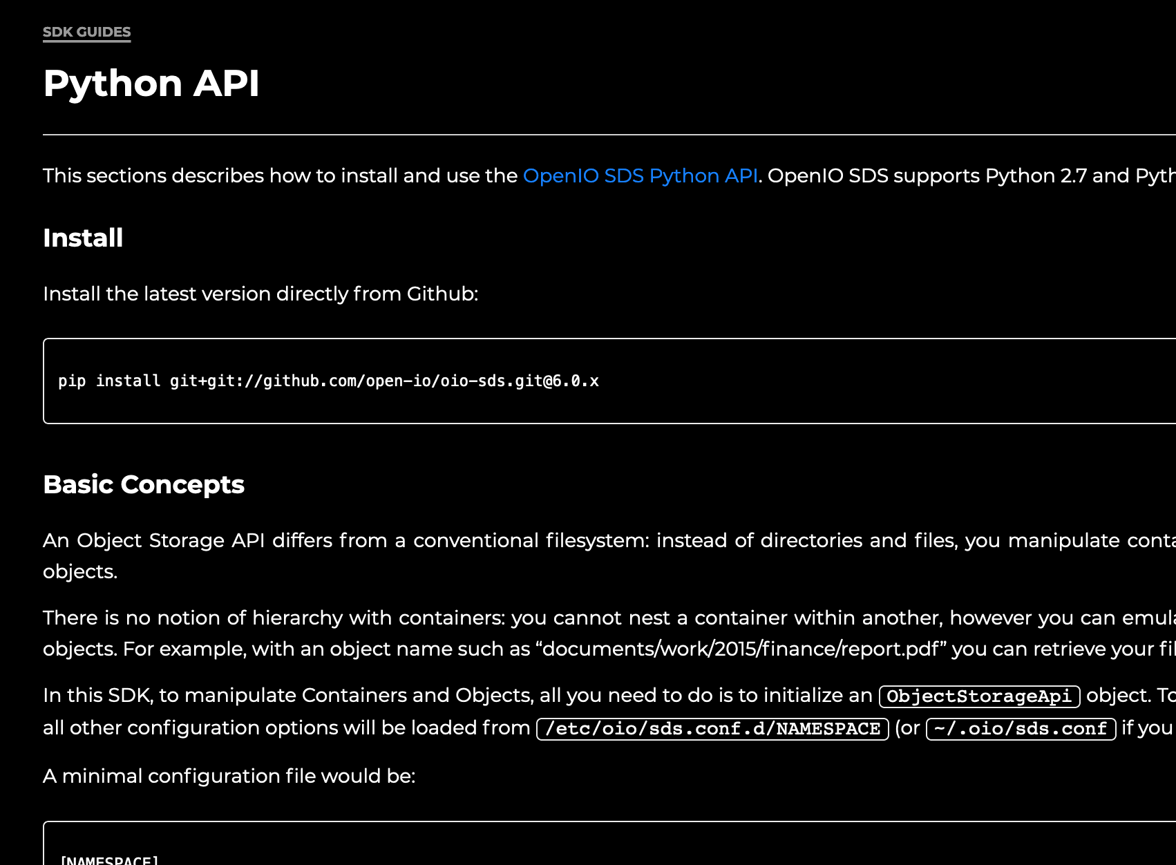 OpenIO docs dark theme