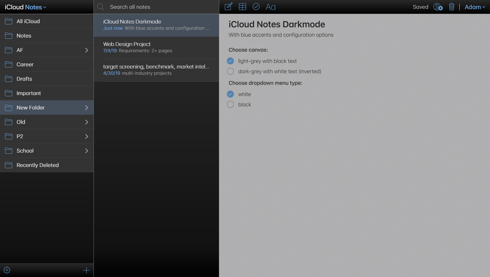 iCloud Notes Darkmode