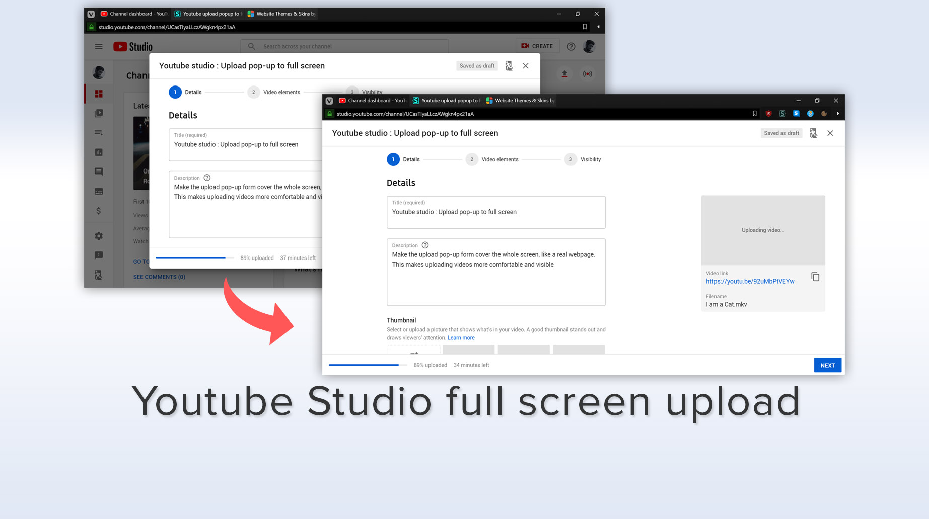 Youtube studio : Upload pop-up to full screen