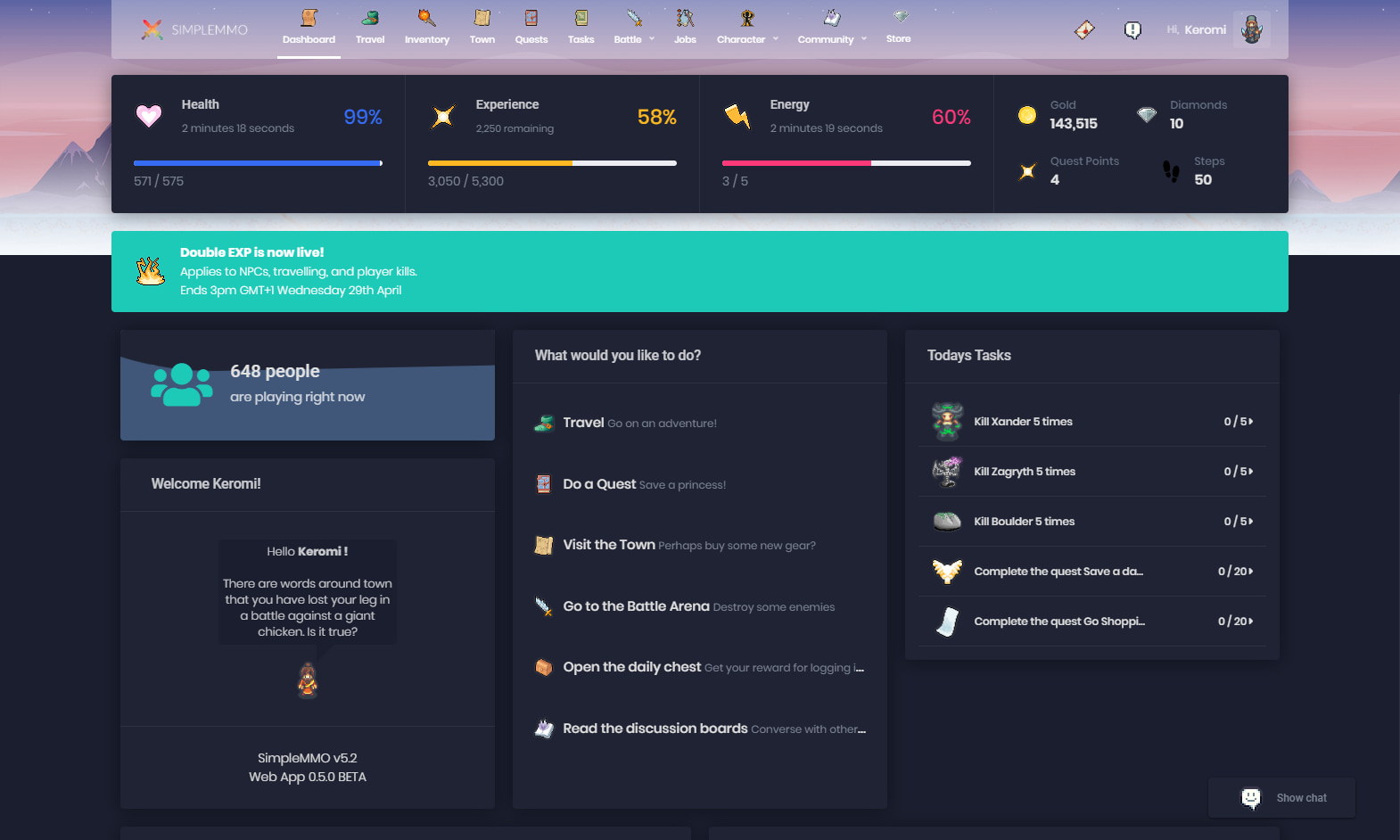 SimpleMMO WEB APP Dark Style