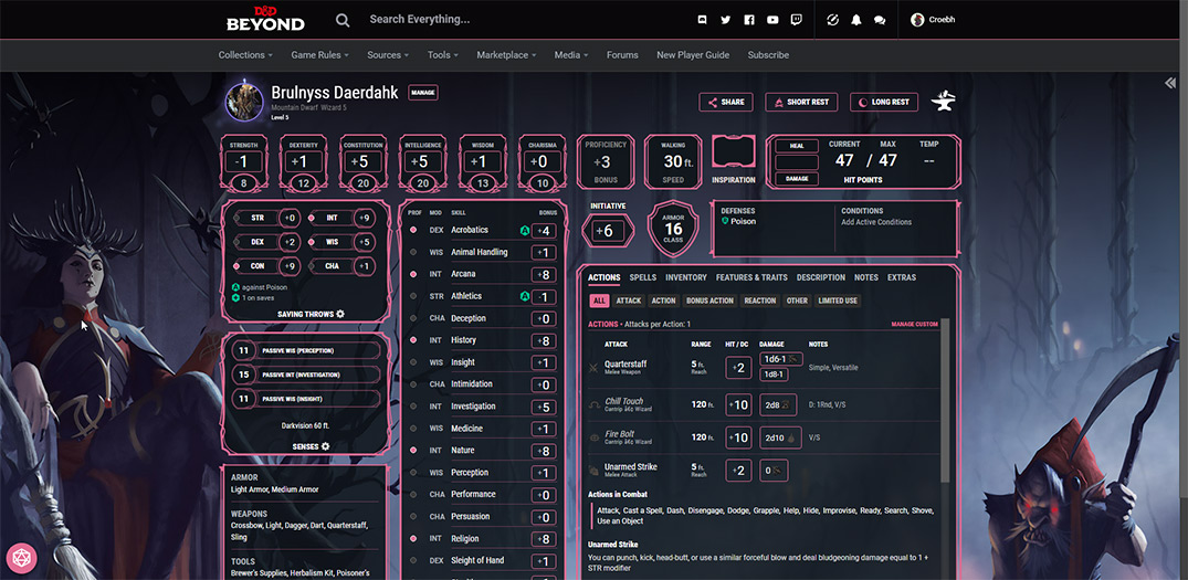 DnD Beyond Dark Character Sheets
