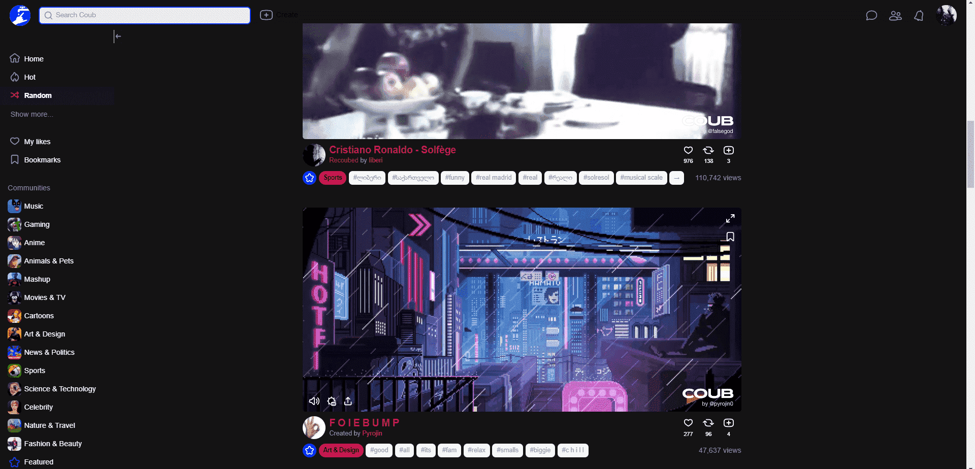 Coub Dark with larger Video player