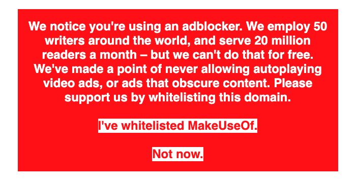 makeuseof no adblock blacllist