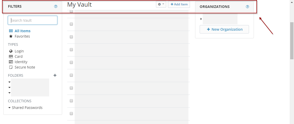 BitWarden Vault - Sticky top bar and side cards