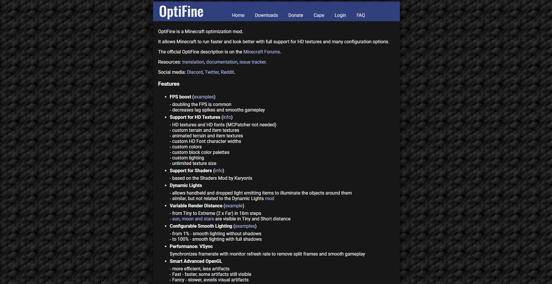 Optifine.net Dark Theme 2020