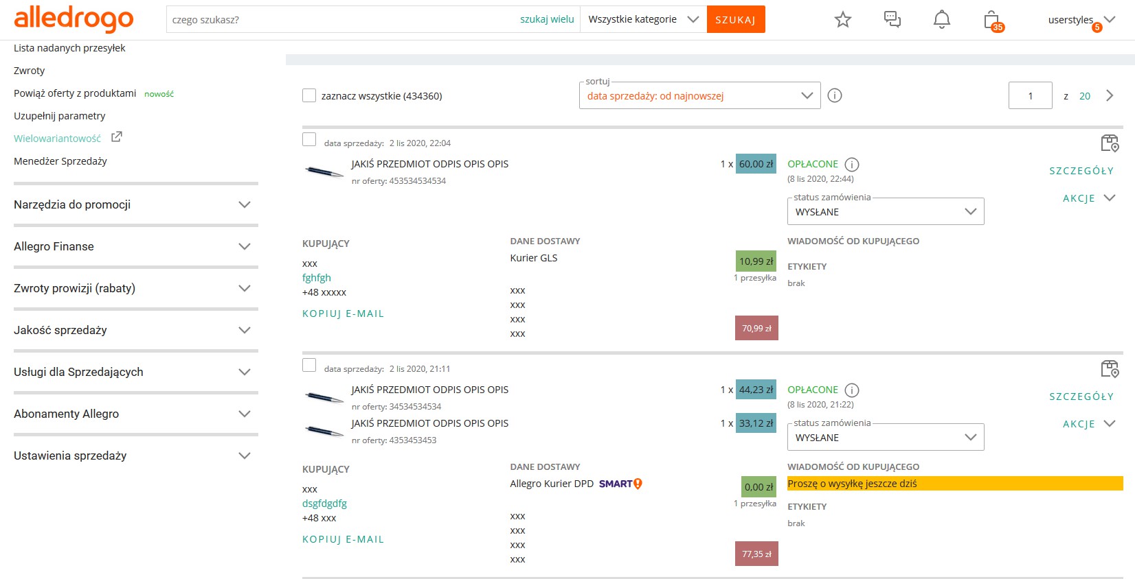 Allegro zamówienia od kupujących