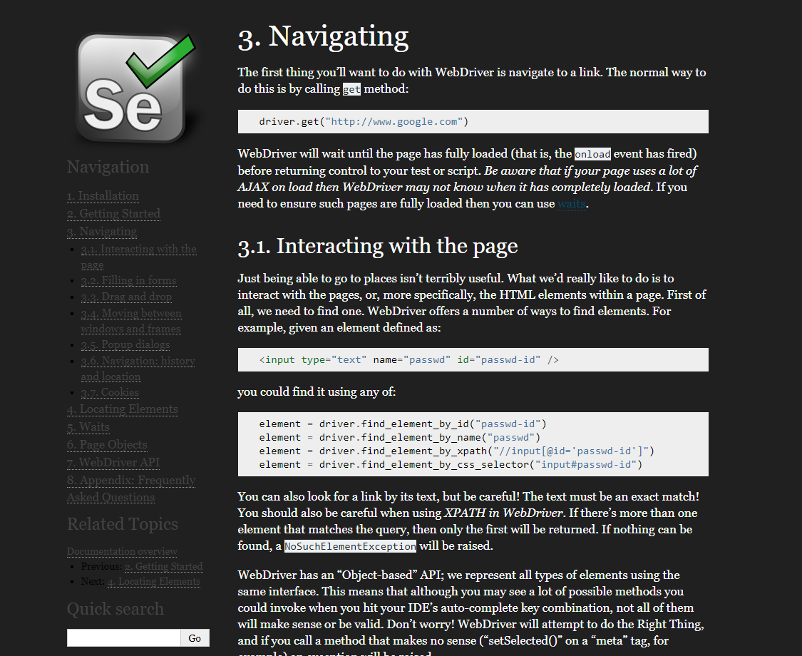 Selenium with Python Docs Dark Theme