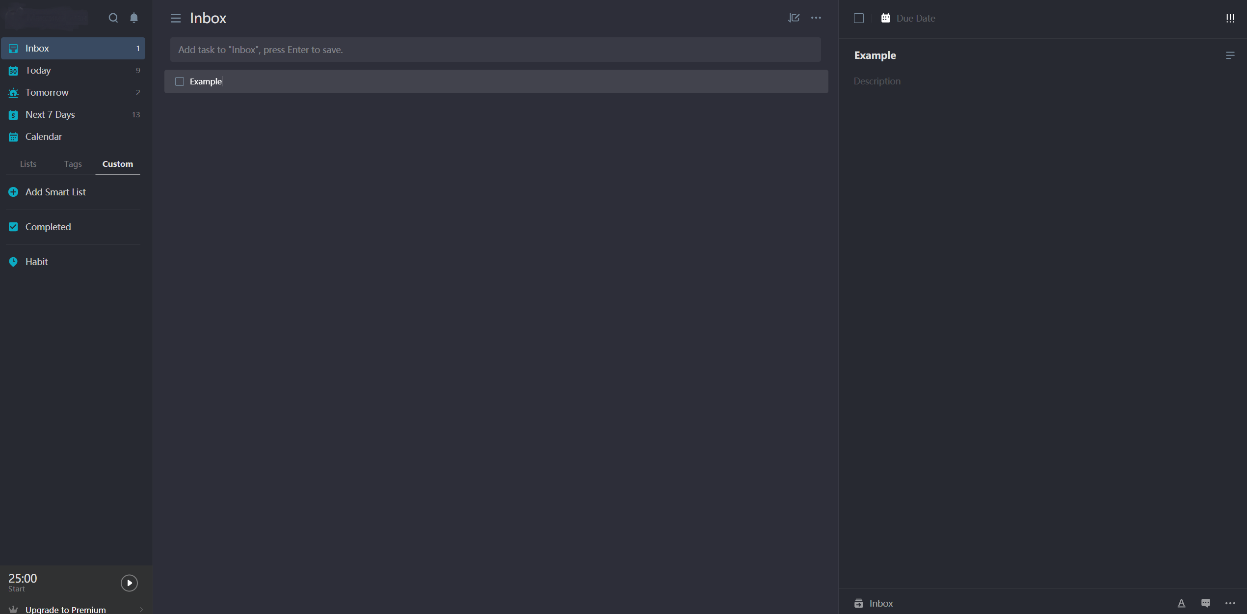 TickTick dark theme with blue tint