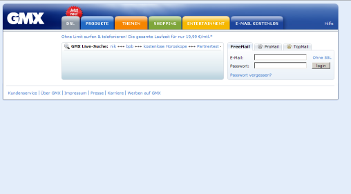 www.gmx.de, reduziert auf Webmail-Funktionen