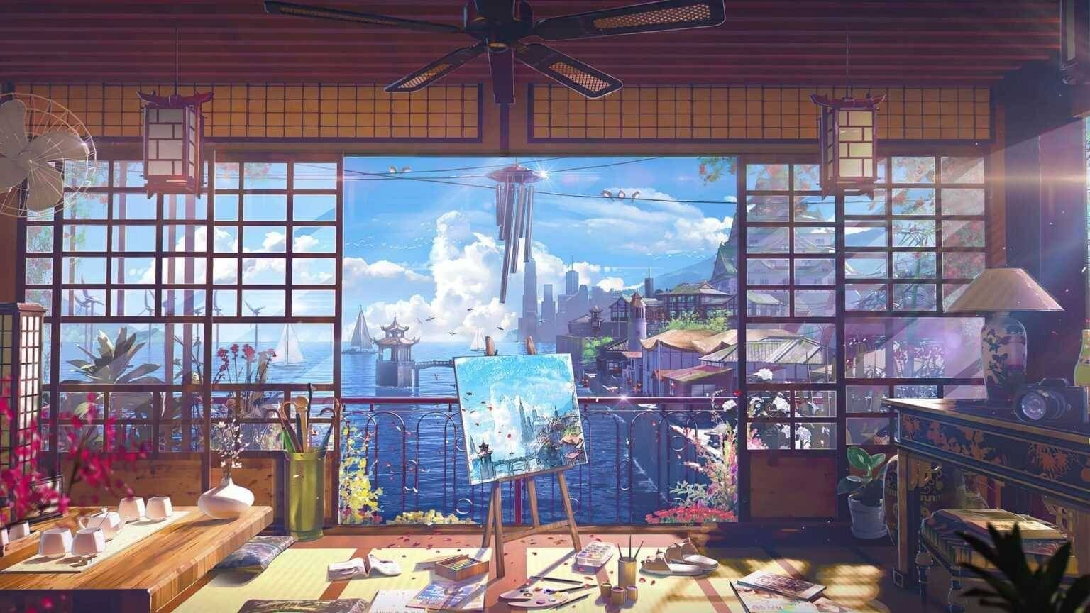 City sea anime scenery