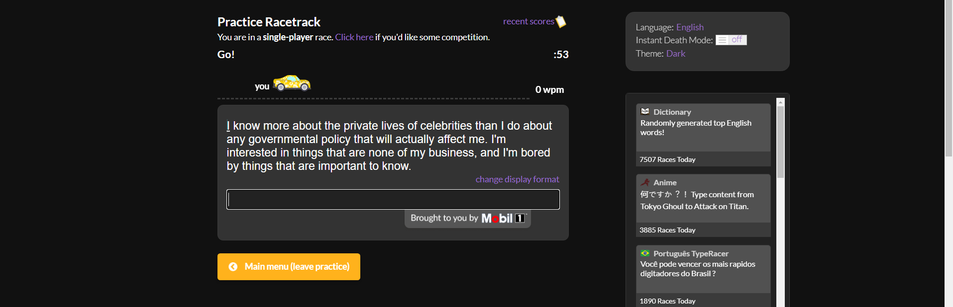 Typeracer - Off centered race area