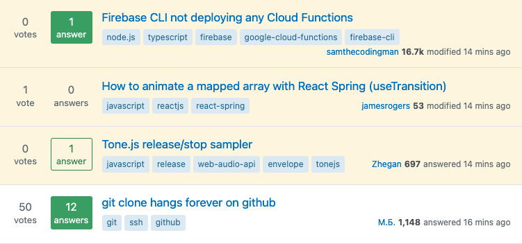 Stack Overflow front page grid stats