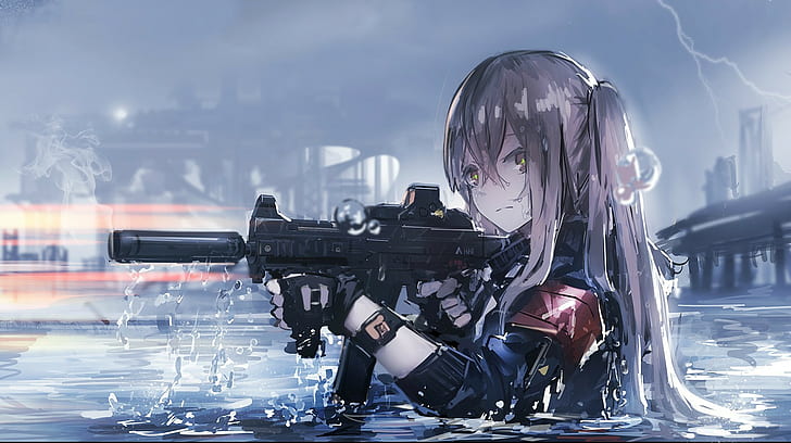 Anime girl with gun in water roblox wallpaper