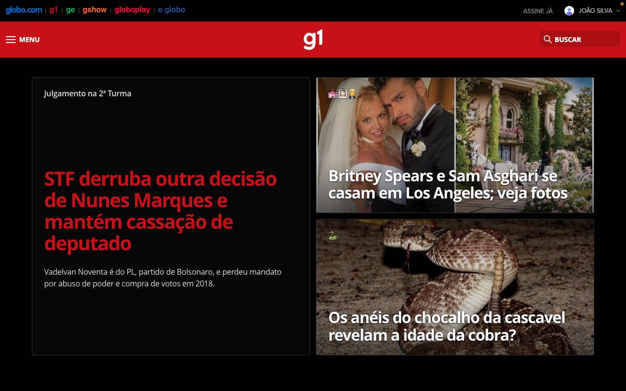 G1, GE, Sites Globo.com - Modo Escuro