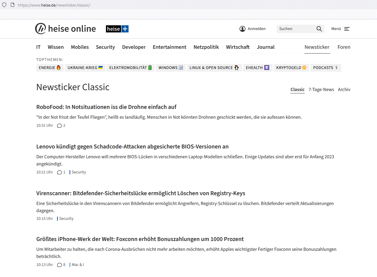 Heise.de/newsticker/classic und TP - weiss - NEU