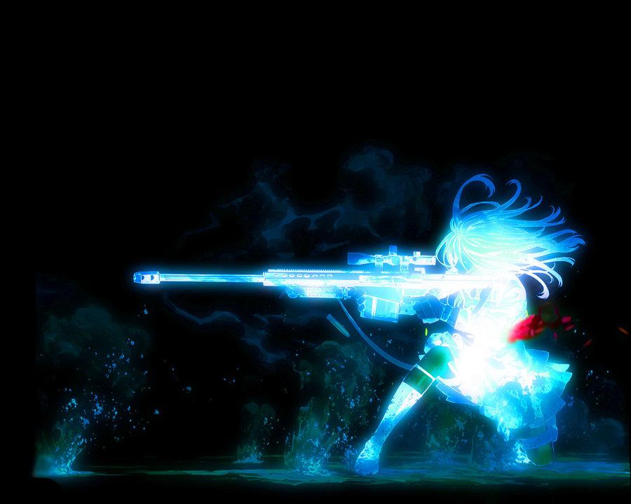 neon blue anime girl with a sniper background
