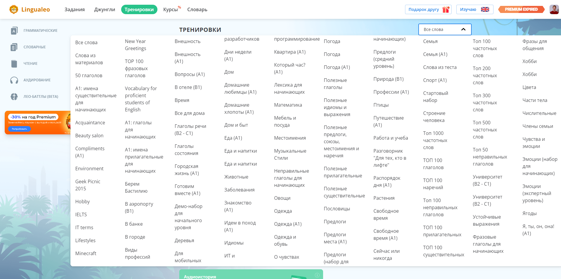 lingualeo show all dictionaries
