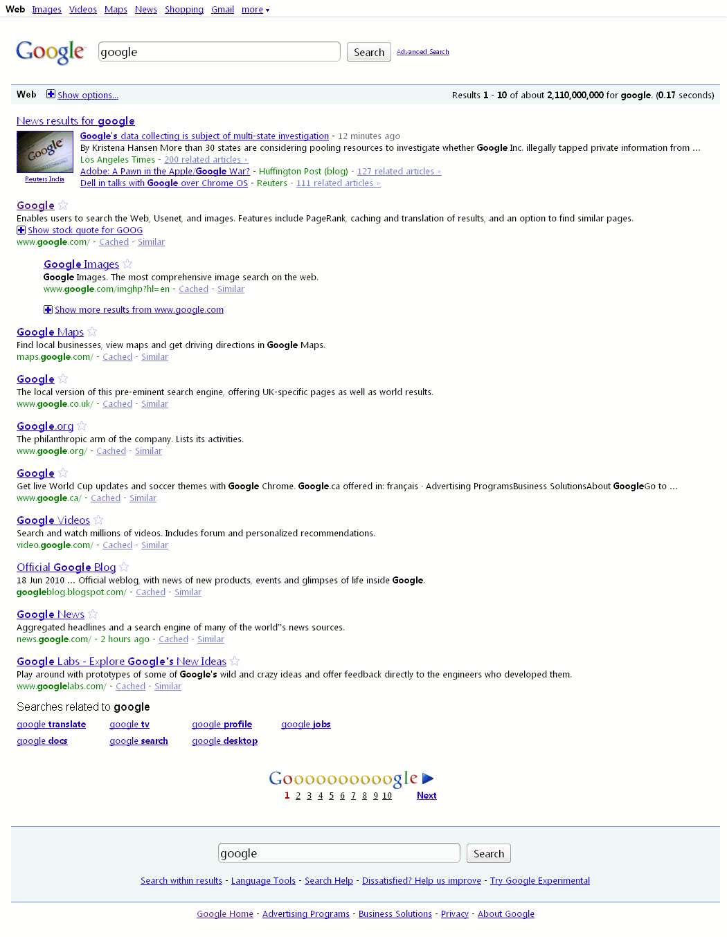 Google - no sidebar, ads, fade; wider layout.
