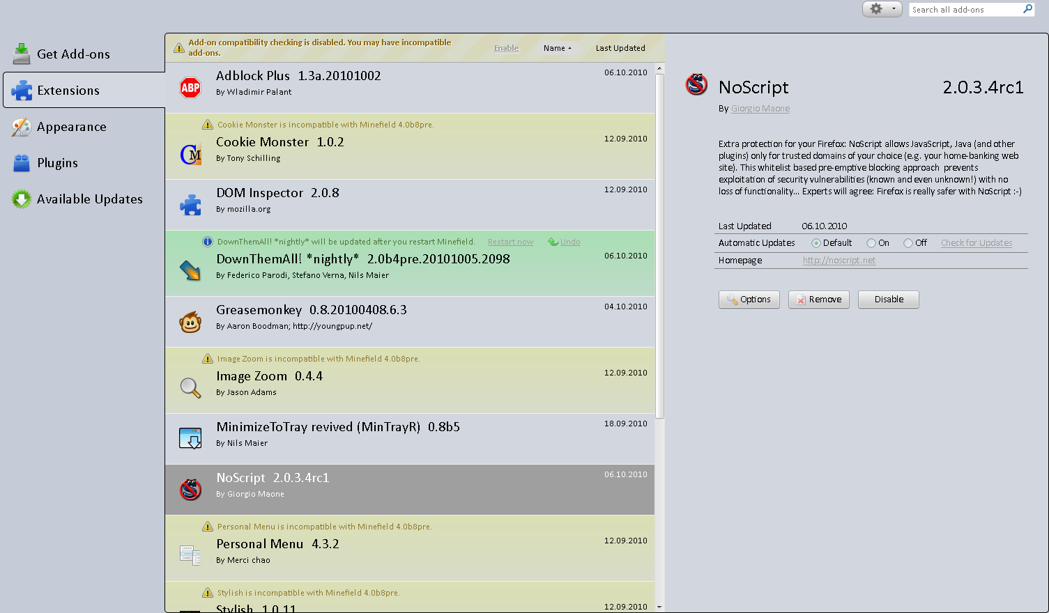 Dual pane Firefox add-ons manager