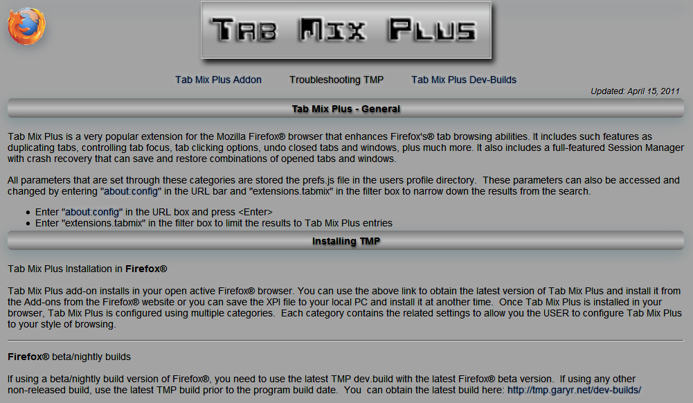 Tab Mix Plus Help page