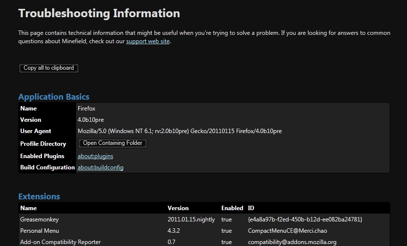 Firefox 4 About:Support/Plugins Dark