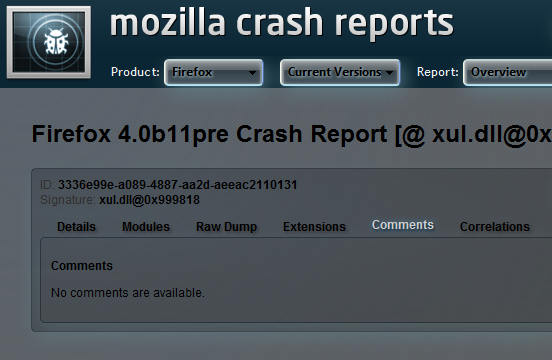Crash reports - mozilla.com/report