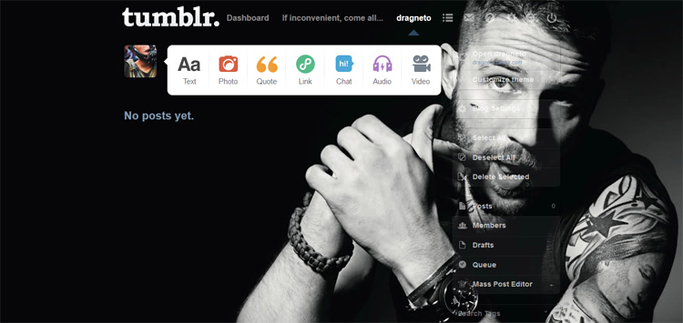 Tumblr - Tom Hardy dashboard theme (greyscale)