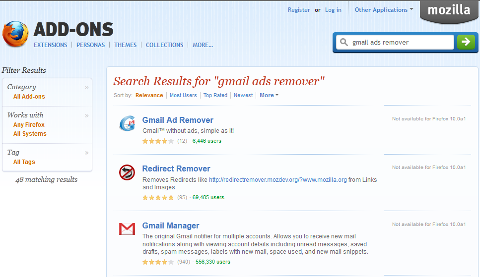 Firefox addons page incompatible no transparency