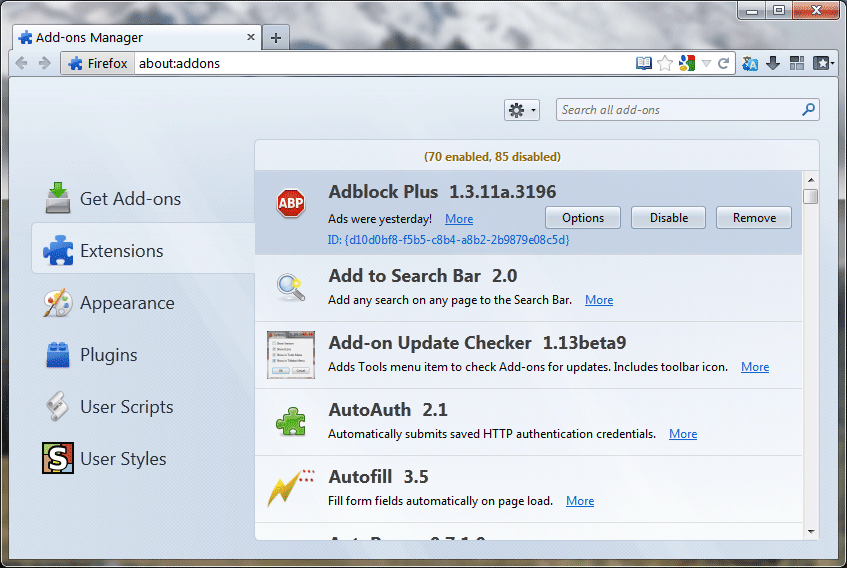 Firefox - Addons manager show urlbar