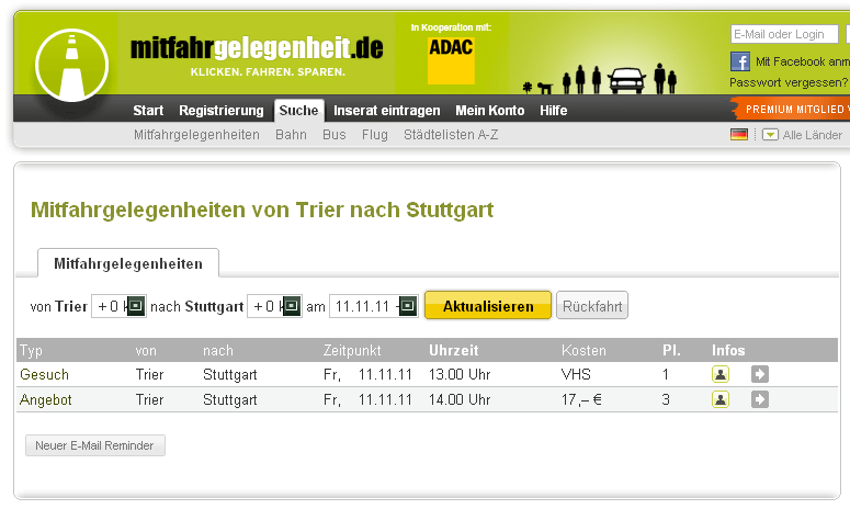 mitfahrgelegenheit.de - keine DB+AVIS Angebote
