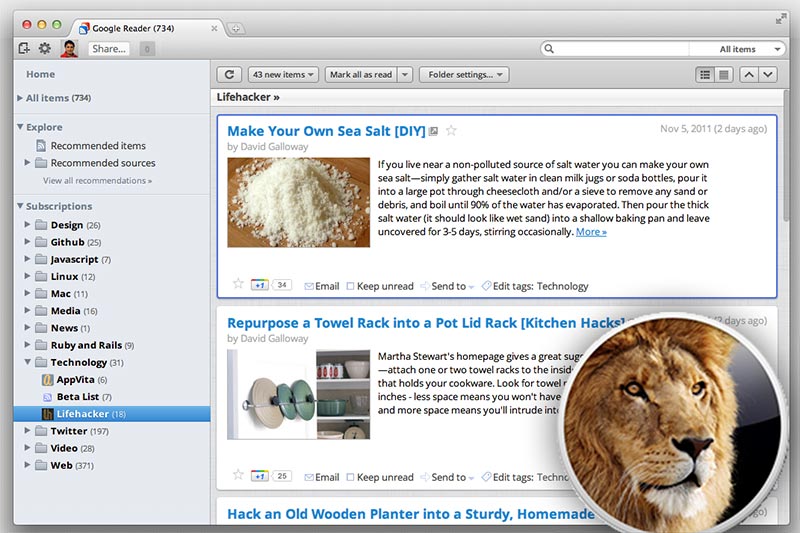Google Reader — Mac OSX Lion UI (old google bar)